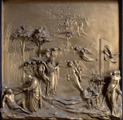 Het verhaal van Adam: de schepping van Adam en Eva, de verleiding en de verdrijving uit de tuin, een van de tien reliëfpanelen van de Poorten van het Paradijs (Oostdeuren) door Lorenzo Ghiberti, 1425 door Lorenzo Ghiberti